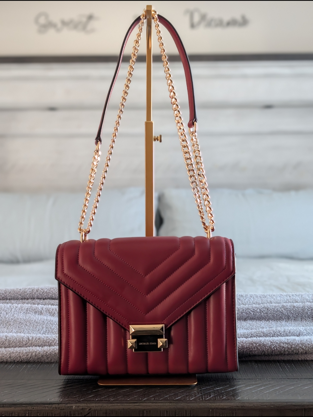 Michael Kors Whitney Red Nappa Leather Quilted Shoulder Crossbody Bag